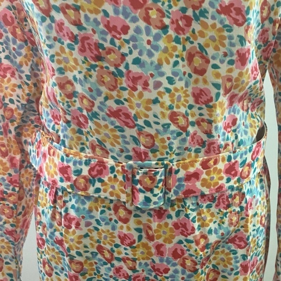 80s TANNER SILK DITZY PASTEL FLORAL PRINT MIDI DRESS BELTED PADDED SHOULDER 14 - Picture 4 of 12